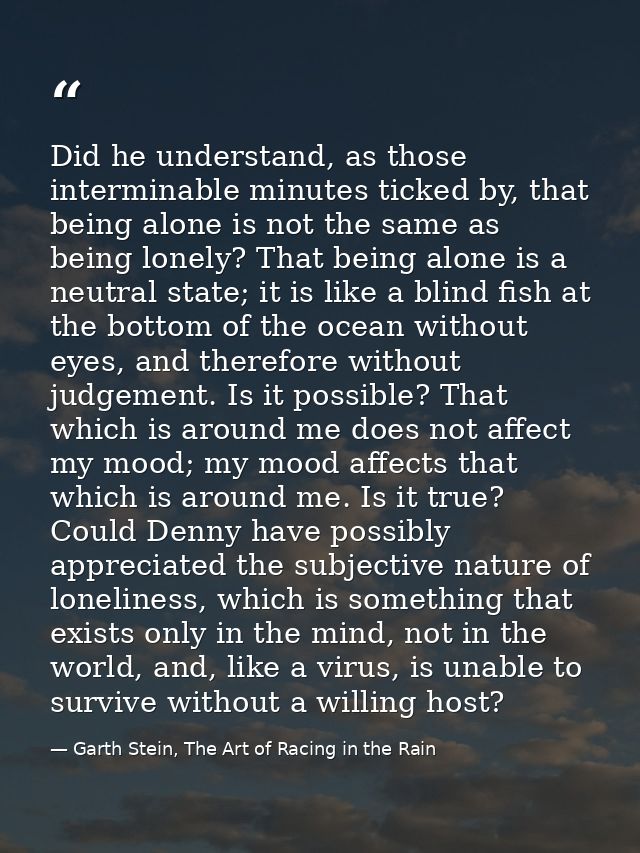 Did he understand, as those interminable minutes ticked by, that being alone is not the same as being lonely? That being — Garth Stein, The Art of Racing in the Rain