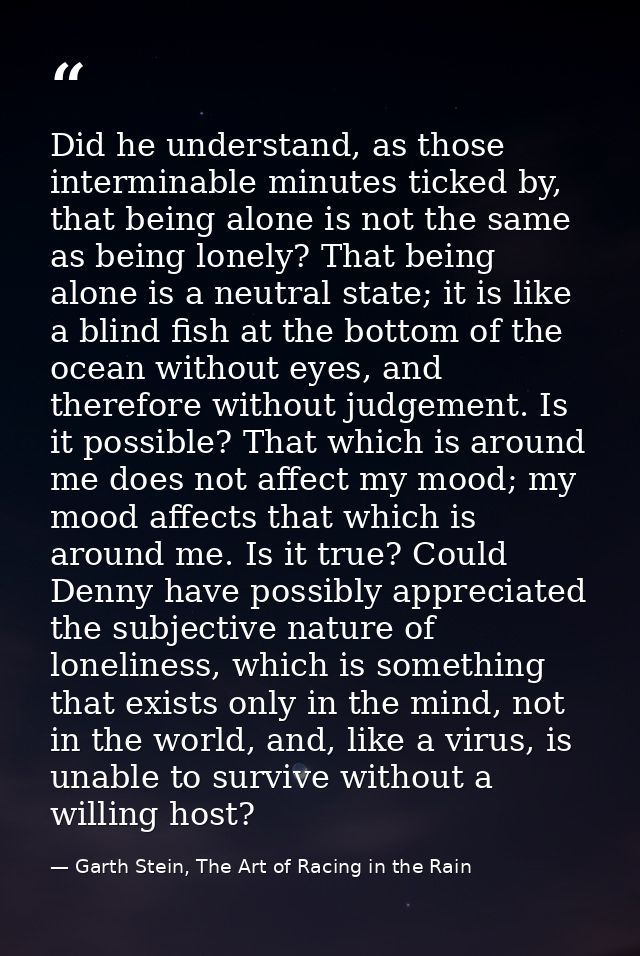 Did he understand, as those interminable minutes ticked by, that being alone is not the same as being lonely? That being — Garth Stein, The Art of Racing in the Rain