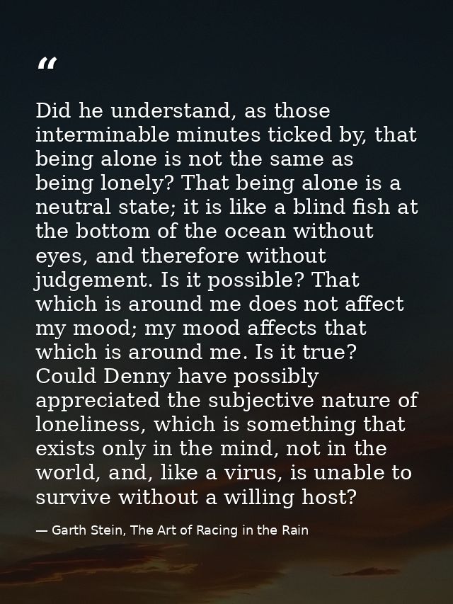Did he understand, as those interminable minutes ticked by, that being alone is not the same as being lonely? That being — Garth Stein, The Art of Racing in the Rain