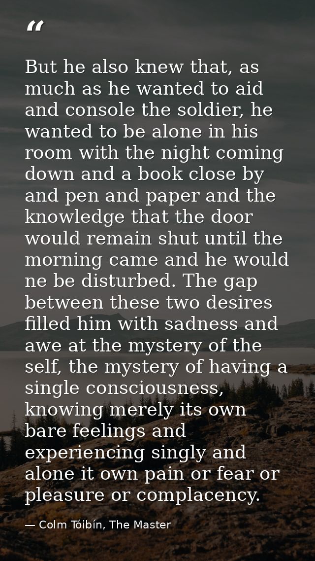 But he also knew that, as much as he wanted to aid and console the soldier, he wanted to be alone in his room with the n — Colm Tóibín, The Master