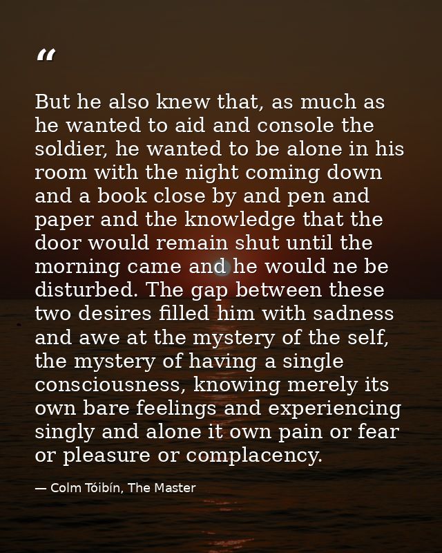 But he also knew that, as much as he wanted to aid and console the soldier, he wanted to be alone in his room with the n — Colm Tóibín, The Master