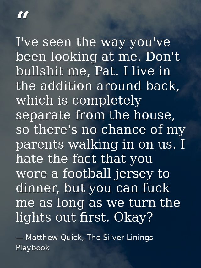 I've seen the way you've been looking at me. Don't bullshit me, Pat. I live in the addition around back, which is comple — Matthew Quick, The Silver Linings Playbook