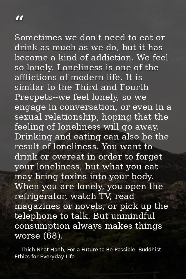 Sometimes we don't need to eat or drink as much as we do, but it has become a kind of addiction. We feel so lonely. Lone — Thich Nhat Hanh, For a Future to Be Possible: Buddhist Ethics for Everyday Life