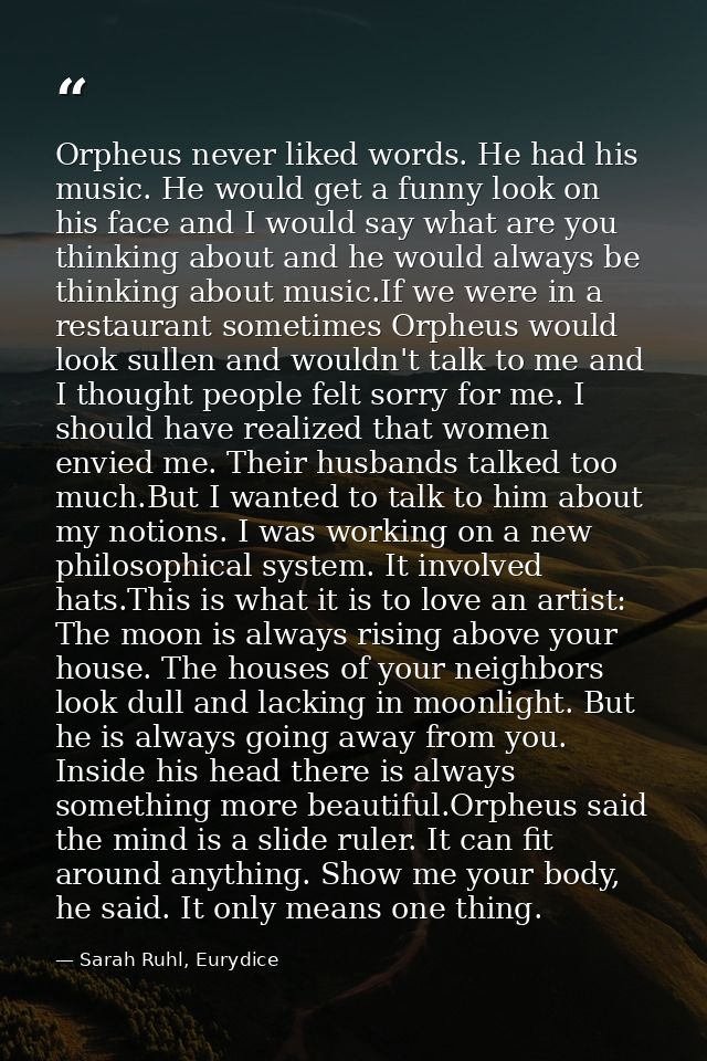 Orpheus never liked words. He had his music. He would get a funny look on his face and I would say what are you thinking — Sarah Ruhl, Eurydice