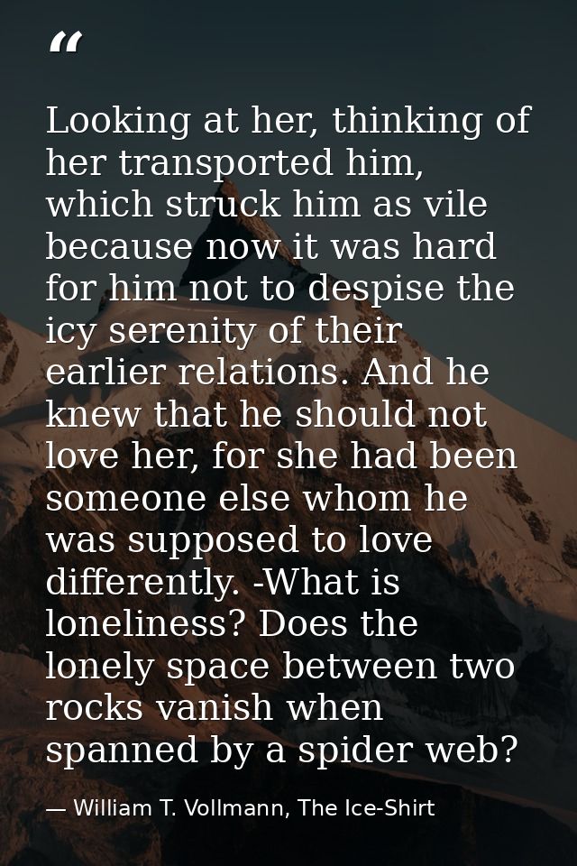 Looking at her, thinking of her transported him, which struck him as vile because now it was hard for him not to despise — William T. Vollmann, The Ice-Shirt