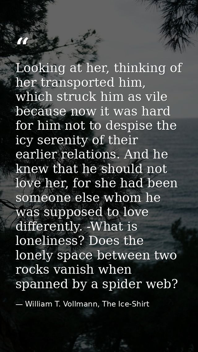 Looking at her, thinking of her transported him, which struck him as vile because now it was hard for him not to despise — William T. Vollmann, The Ice-Shirt
