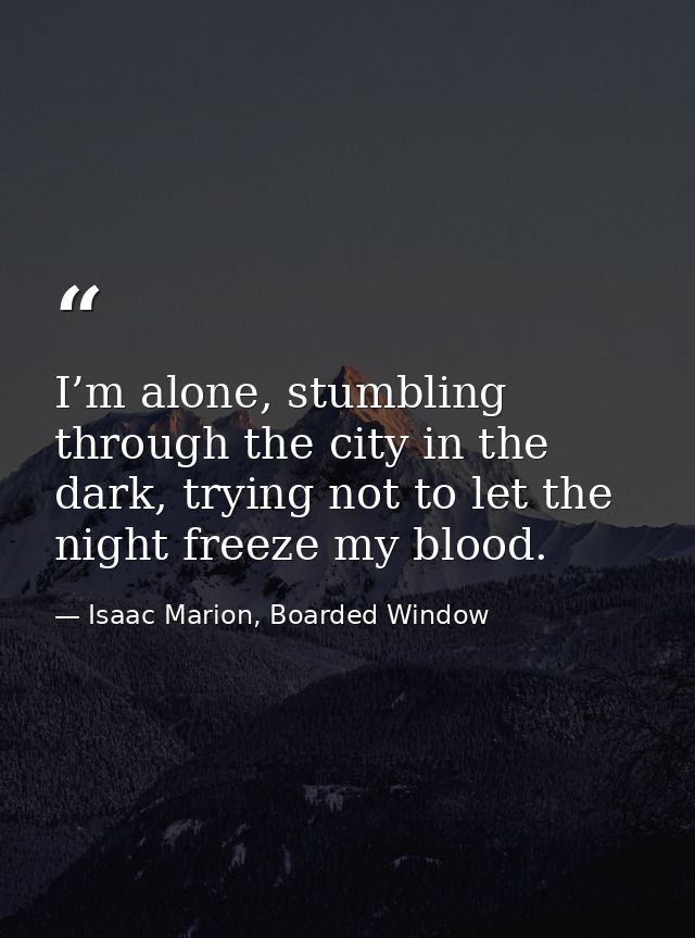 I’m alone, stumbling through the city in the dark, trying not to let the night freeze my blood. — Isaac Marion, Boarded Window