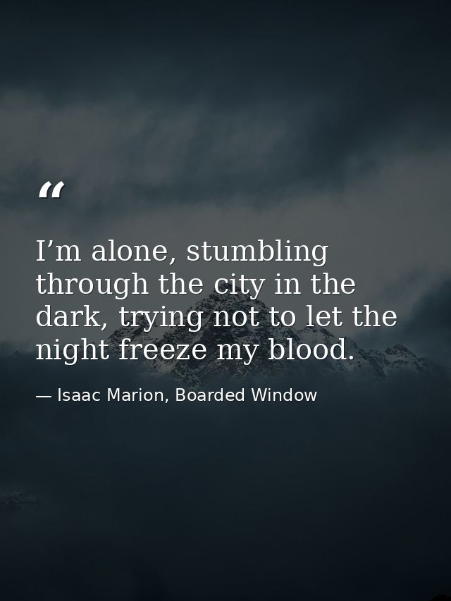 I’m alone, stumbling through the city in the dark, trying not to let the night freeze my blood. — Isaac Marion, Boarded Window