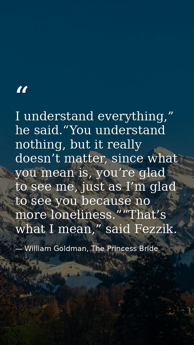 I understand everything,” he said.“You understand nothing, but it really doesn’t matter, since what you mean is, you’re  — William Goldman, The Princess Bride