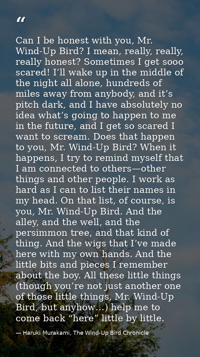 Can I be honest with you, Mr. Wind-Up Bird? I mean, really, really, really honest? Sometimes I get sooo scared! I’ll wak — Haruki Murakami, The Wind-Up Bird Chronicle