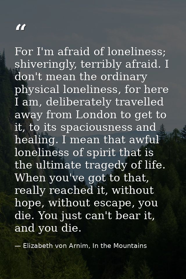 For I'm afraid of loneliness; shiveringly, terribly afraid. I don't mean the ordinary physical loneliness, for here I am — Elizabeth von Arnim, In the Mountains