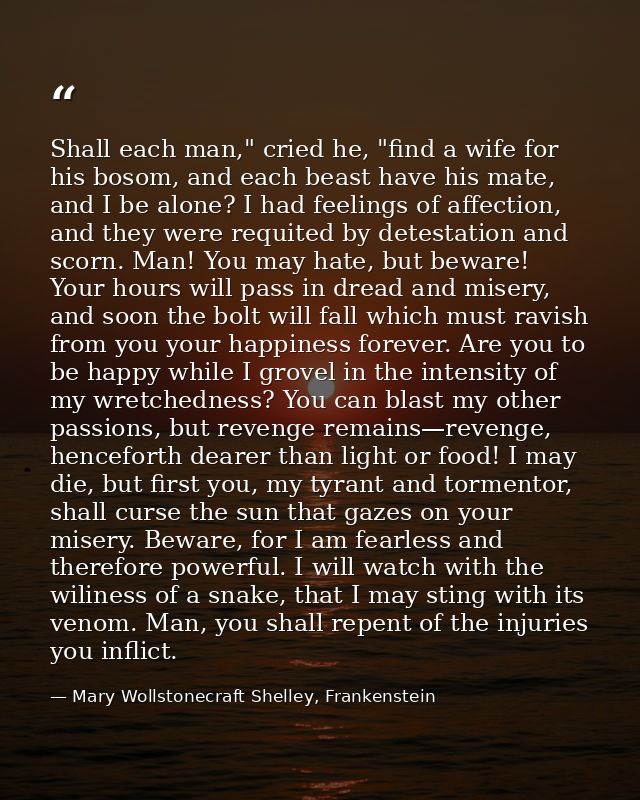 Shall each man," cried he, "find a wife for his bosom, and each beast have his mate, and I be alone? I had feelings of a — Mary Wollstonecraft Shelley, Frankenstein