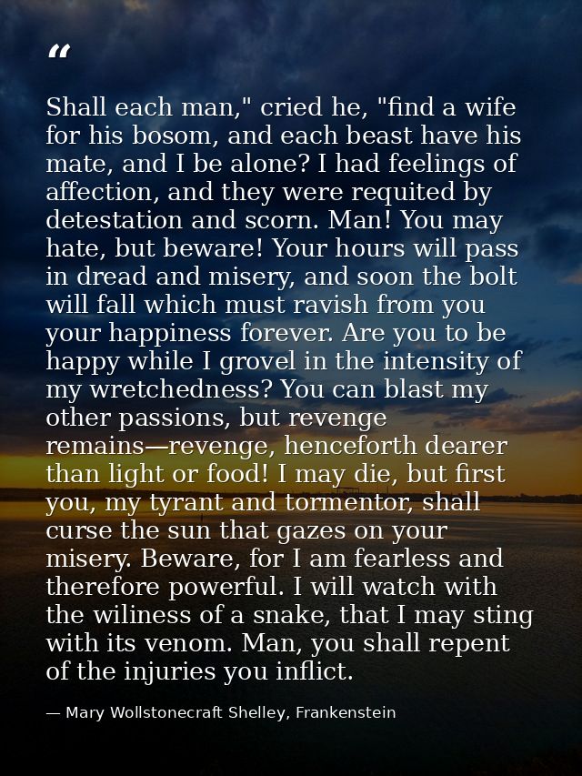 Shall each man," cried he, "find a wife for his bosom, and each beast have his mate, and I be alone? I had feelings of a — Mary Wollstonecraft Shelley, Frankenstein