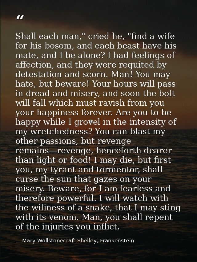 Shall each man," cried he, "find a wife for his bosom, and each beast have his mate, and I be alone? I had feelings of a — Mary Wollstonecraft Shelley, Frankenstein