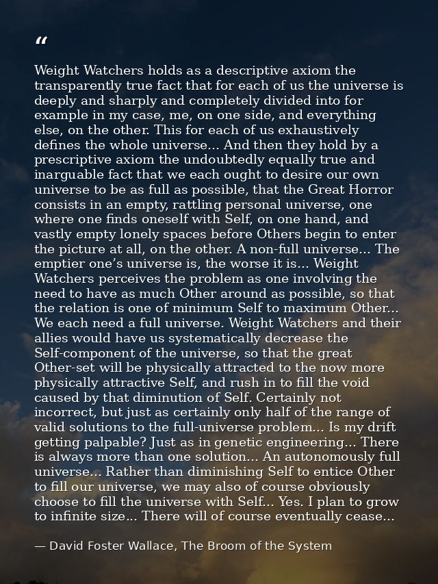 Weight Watchers holds as a descriptive axiom the transparently true fact that for each of us the universe is deeply and  — David Foster Wallace, The Broom of the System