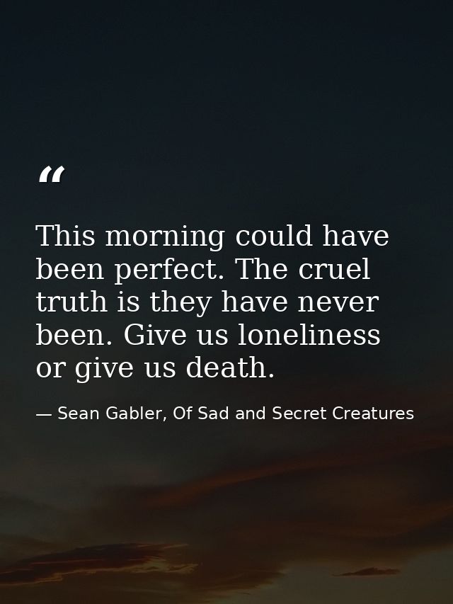 This morning could have been perfect. The cruel truth is they have never been. Give us loneliness or give us death. — Sean Gabler, Of Sad and Secret Creatures