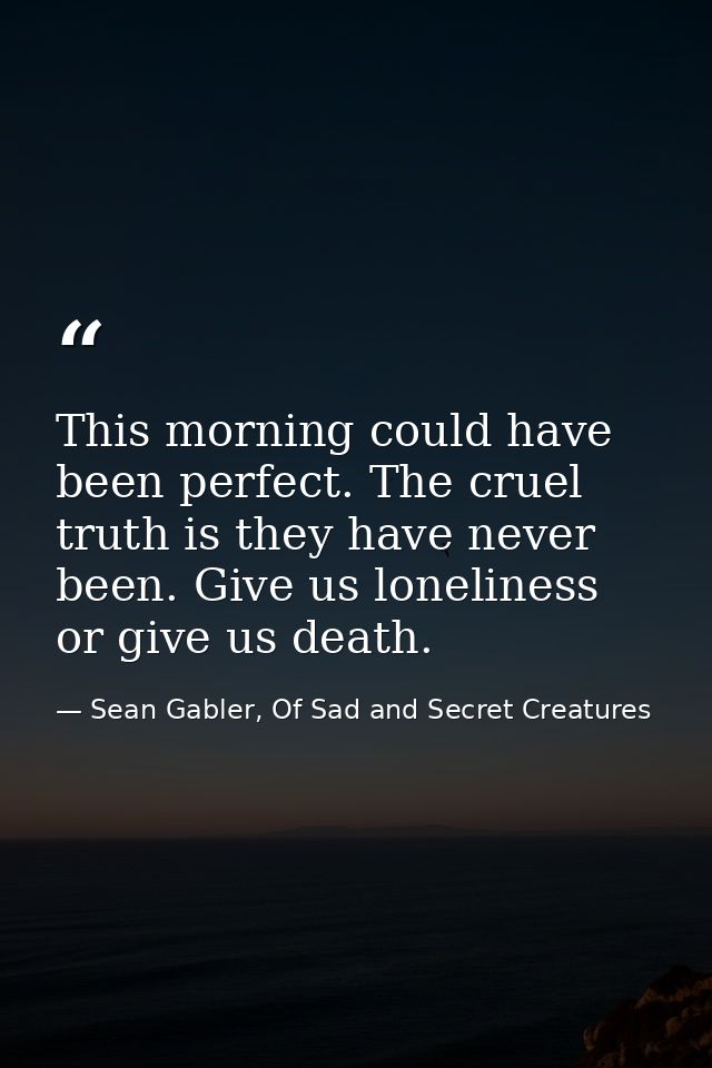 This morning could have been perfect. The cruel truth is they have never been. Give us loneliness or give us death. — Sean Gabler, Of Sad and Secret Creatures