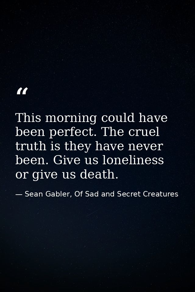 This morning could have been perfect. The cruel truth is they have never been. Give us loneliness or give us death. — Sean Gabler, Of Sad and Secret Creatures