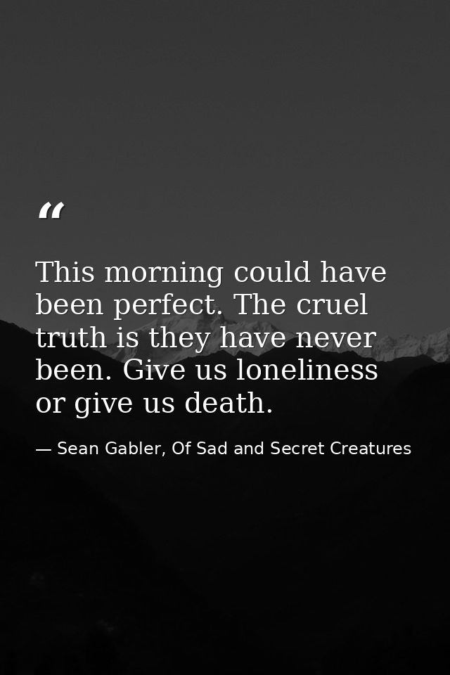 This morning could have been perfect. The cruel truth is they have never been. Give us loneliness or give us death. — Sean Gabler, Of Sad and Secret Creatures