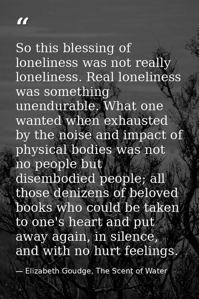 So this blessing of loneliness was not really loneliness. Real loneliness was something unendurable. What one wanted whe — Elizabeth Goudge, The Scent of Water