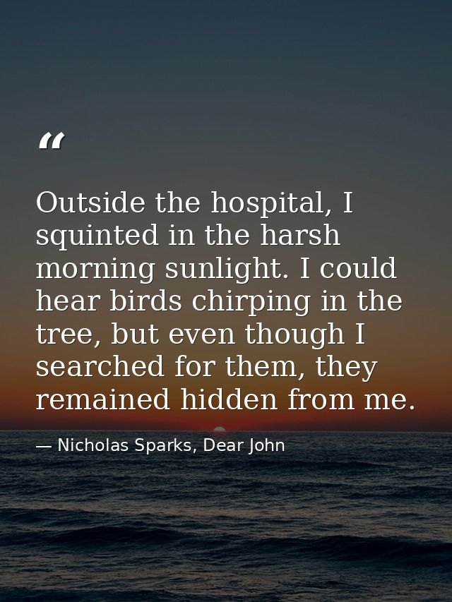 Outside the hospital, I squinted in the harsh morning sunlight. I could hear birds chirping in the tree, but even though — Nicholas Sparks, Dear John