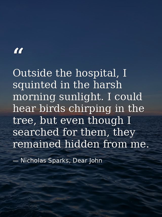 Outside the hospital, I squinted in the harsh morning sunlight. I could hear birds chirping in the tree, but even though — Nicholas Sparks, Dear John