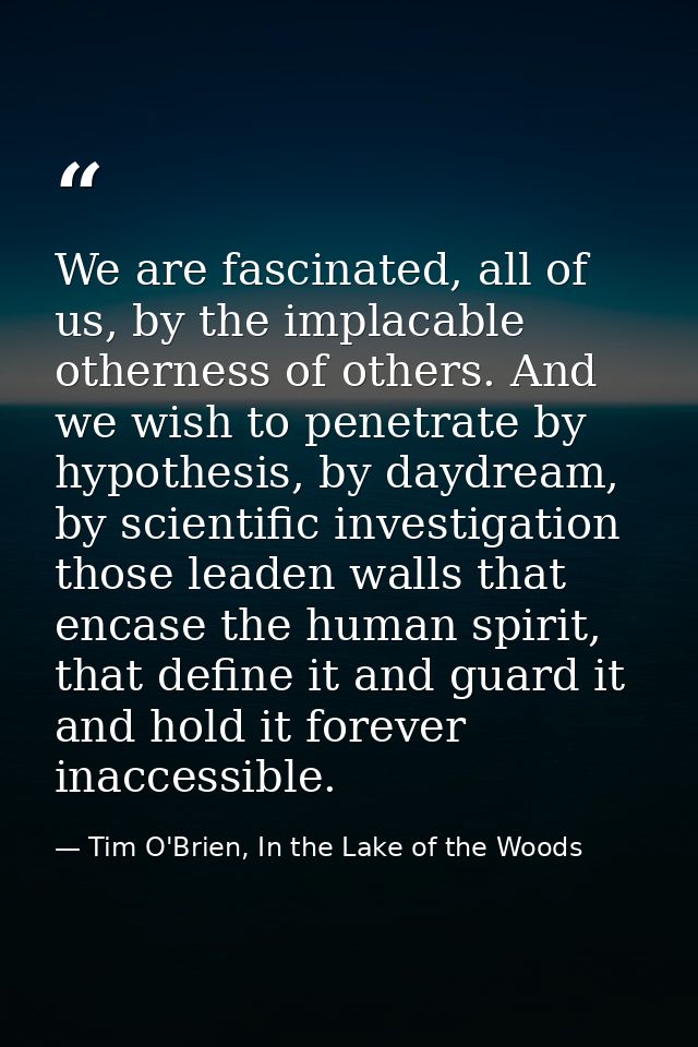 We are fascinated, all of us, by the implacable otherness of others. And we wish to penetrate by hypothesis, by daydream — Tim O'Brien, In the Lake of the Woods