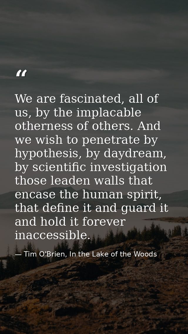 We are fascinated, all of us, by the implacable otherness of others. And we wish to penetrate by hypothesis, by daydream — Tim O'Brien, In the Lake of the Woods