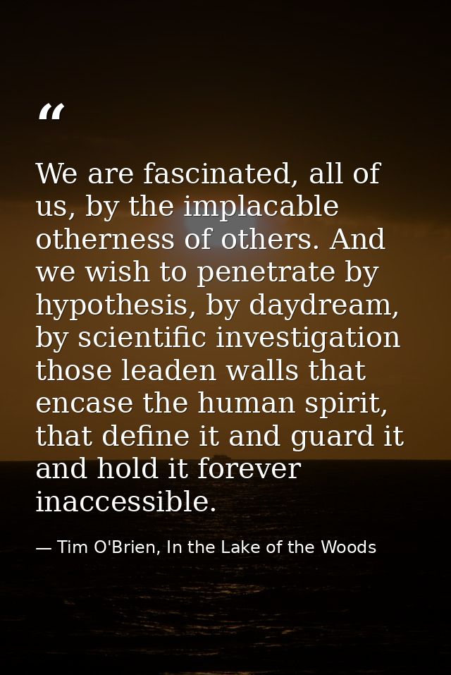We are fascinated, all of us, by the implacable otherness of others. And we wish to penetrate by hypothesis, by daydream — Tim O'Brien, In the Lake of the Woods