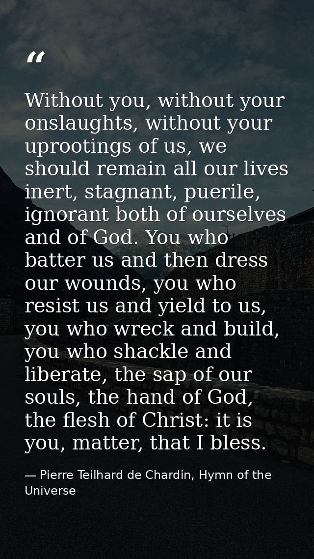 Without you, without your onslaughts, without your uprootings of us, we should remain all our lives inert, stagnant, pue — Pierre Teilhard de Chardin, Hymn of the Universe
