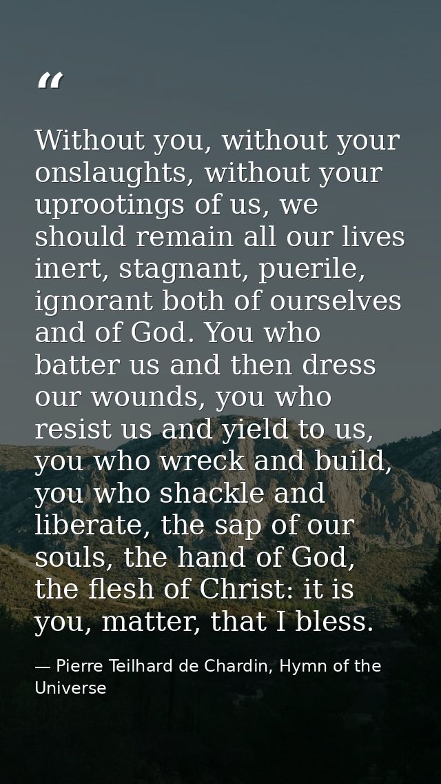 Without you, without your onslaughts, without your uprootings of us, we should remain all our lives inert, stagnant, pue — Pierre Teilhard de Chardin, Hymn of the Universe