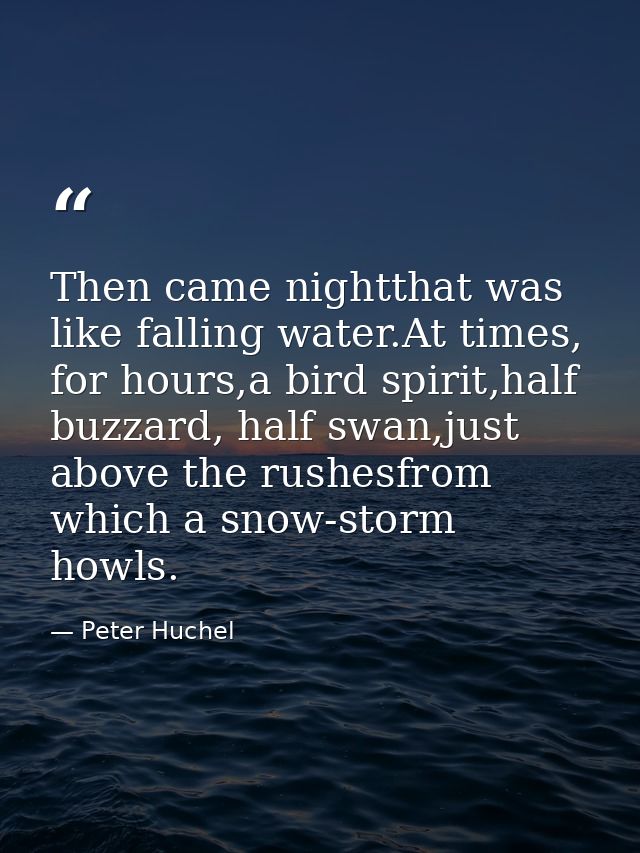 Then came nightthat was like falling water.At times, for hours,a bird spirit,half buzzard, half swan,just above the rush — Peter Huchel