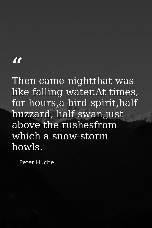 Then came nightthat was like falling water.At times, for hours,a bird spirit,half buzzard, half swan,just above the rush — Peter Huchel