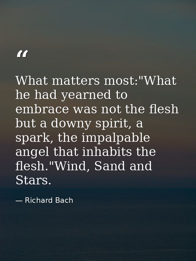 What matters most:"What he had yearned to embrace was not the flesh but a downy spirit, a spark, the impalpable angel th — Richard Bach