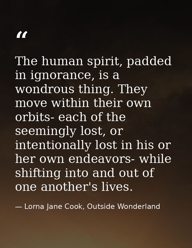 The human spirit, padded in ignorance, is a wondrous thing. They move within their own orbits- each of the seemingly los — Lorna Jane Cook, Outside Wonderland