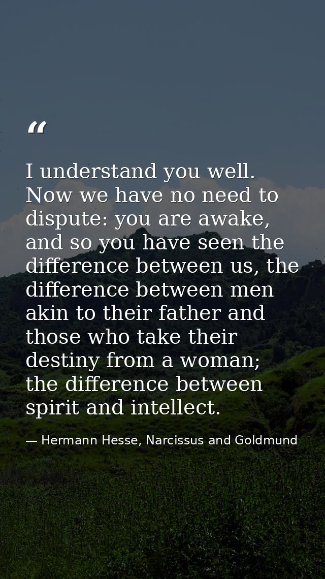 I understand you well. Now we have no need to dispute: you are awake, and so you have seen the difference between us, th — Hermann Hesse, Narcissus and Goldmund