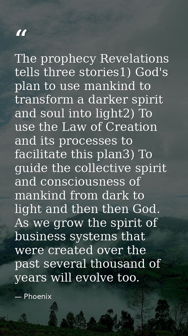 The prophecy Revelations tells three stories1) God's plan to use mankind to transform a darker spirit and soul into ligh — Phoenix
