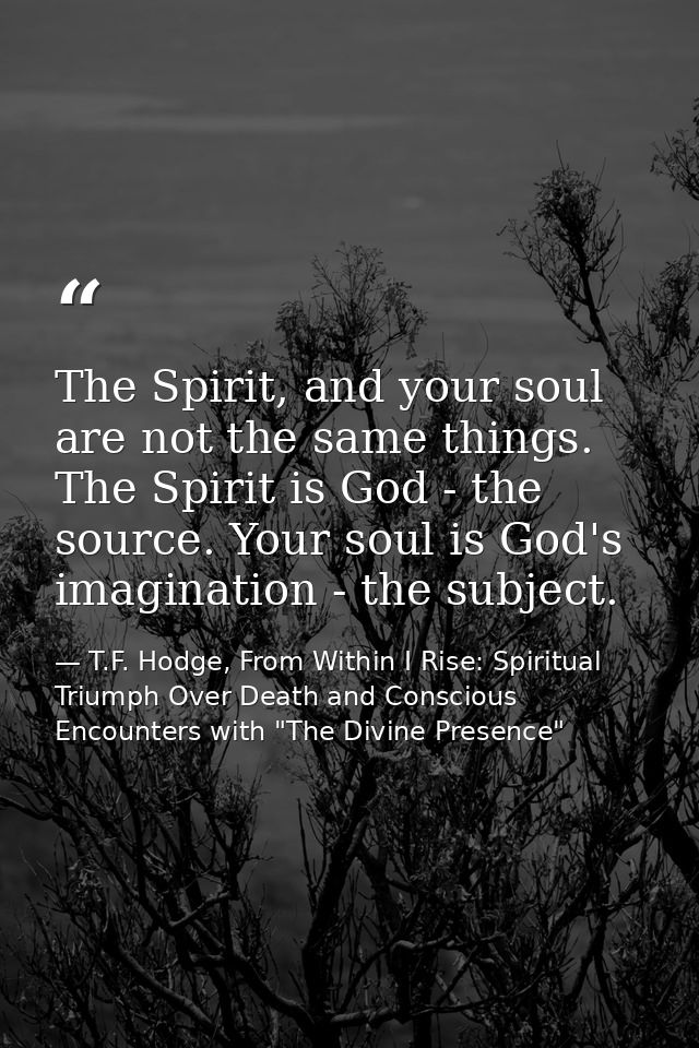 The Spirit, and your soul are not the same things. The Spirit is God - the source. Your soul is God's imagination - the  — T.F. Hodge, From Within I Rise: Spiritual Triumph Over Death and Conscious Encounters with "The Divine Presence"