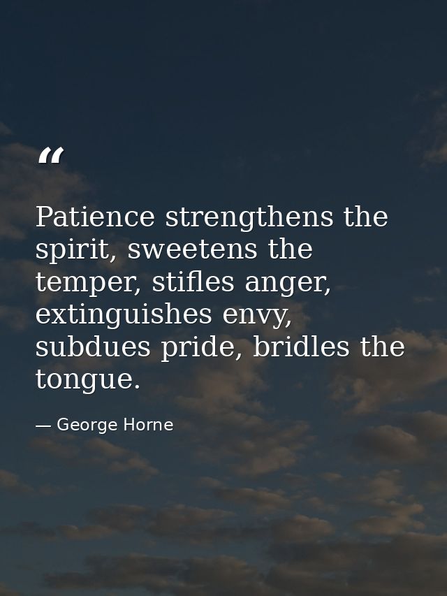 Patience strengthens the spirit, sweetens the temper, stifles anger, extinguishes envy, subdues pride, bridles the tongu — George Horne