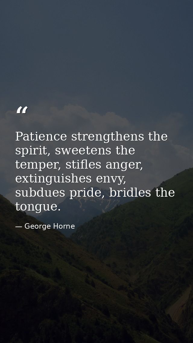 Patience strengthens the spirit, sweetens the temper, stifles anger, extinguishes envy, subdues pride, bridles the tongu — George Horne