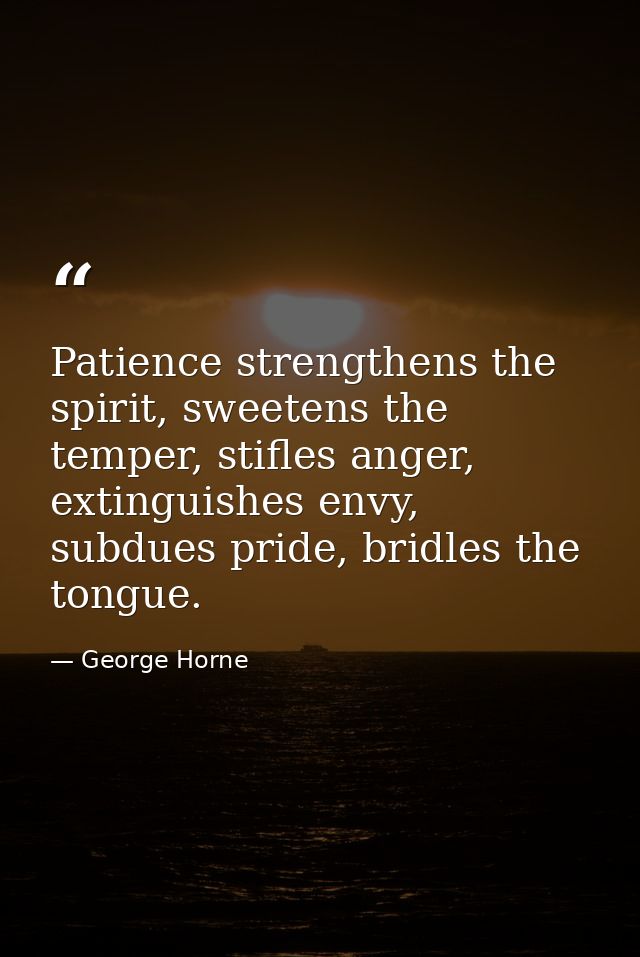 Patience strengthens the spirit, sweetens the temper, stifles anger, extinguishes envy, subdues pride, bridles the tongu — George Horne