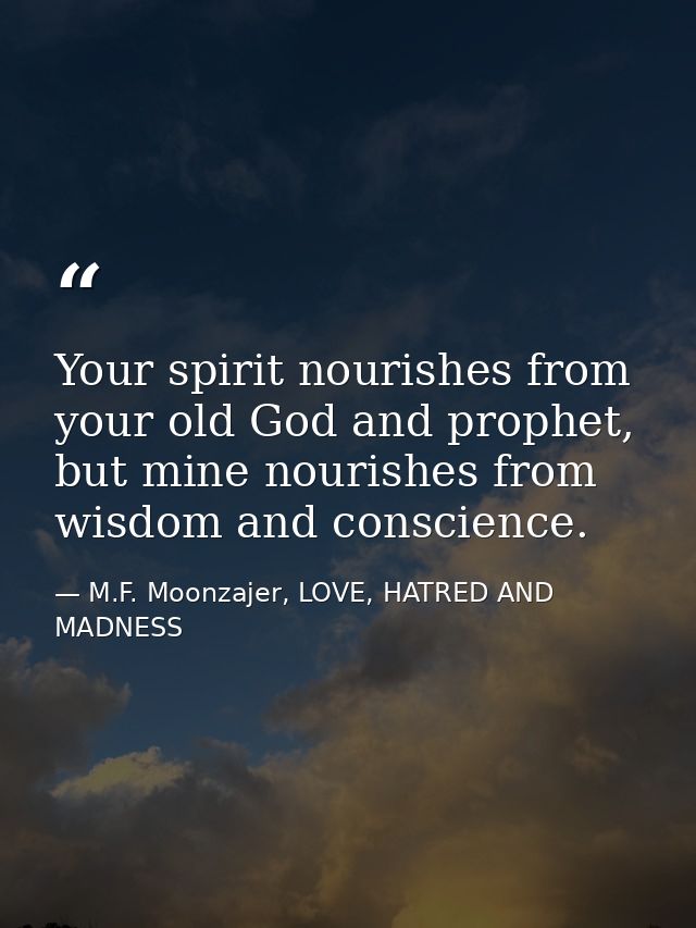 Your spirit nourishes from your old God and prophet, but mine nourishes from wisdom and conscience. — M.F. Moonzajer, LOVE, HATRED AND MADNESS