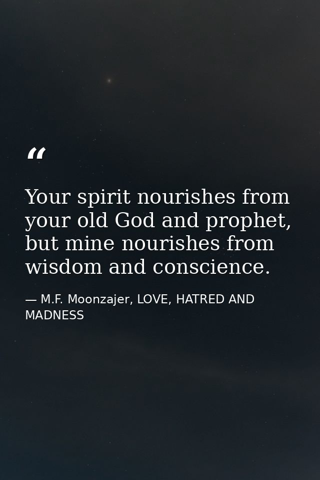 Your spirit nourishes from your old God and prophet, but mine nourishes from wisdom and conscience. — M.F. Moonzajer, LOVE, HATRED AND MADNESS