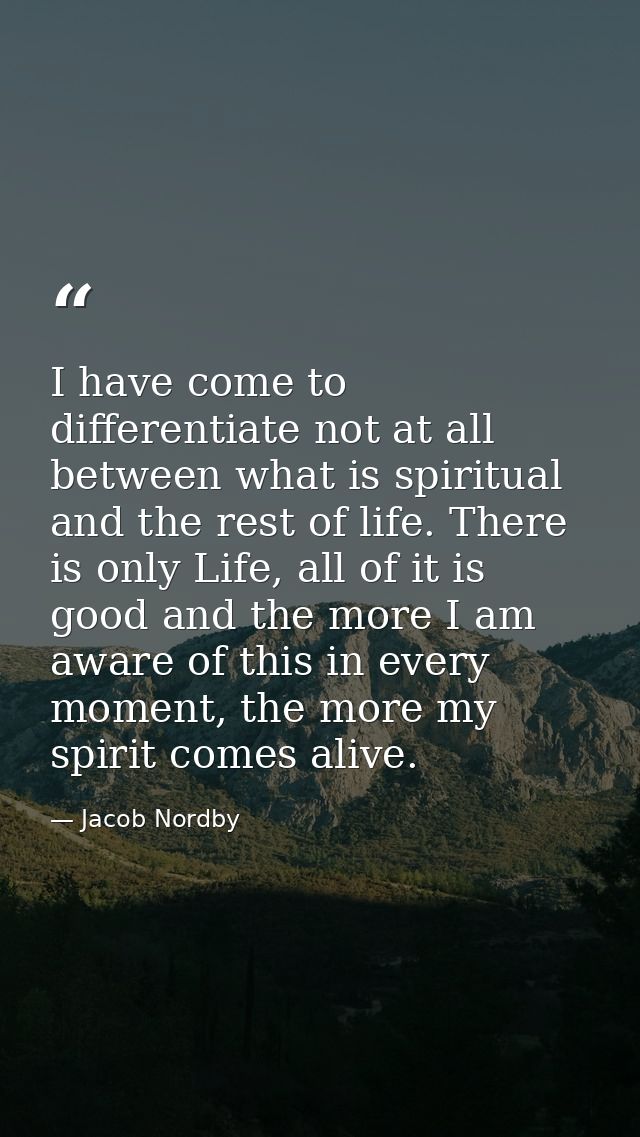 I have come to differentiate not at all between what is spiritual and the rest of life. There is only Life, all of it is — Jacob Nordby