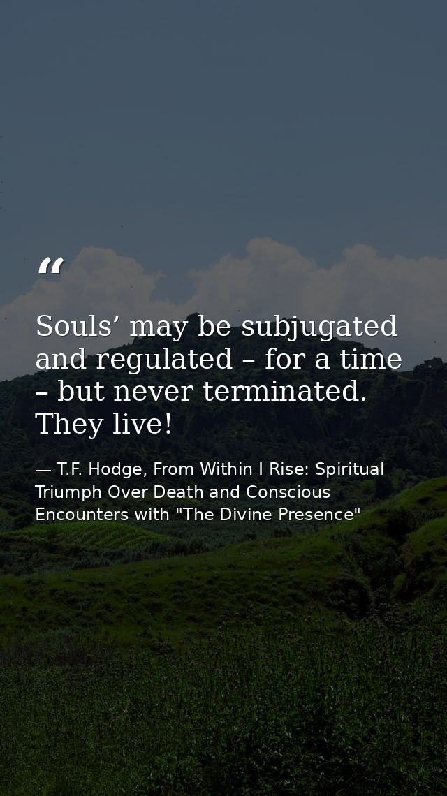 Souls’ may be subjugated and regulated – for a time – but never terminated. They live! — T.F. Hodge, From Within I Rise: Spiritual Triumph Over Death and Conscious Encounters with "The Divine Presence"