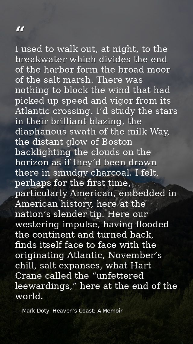 I used to walk out, at night, to the breakwater which divides the end of the harbor form the broad moor of the salt mars — Mark Doty, Heaven's Coast: A Memoir