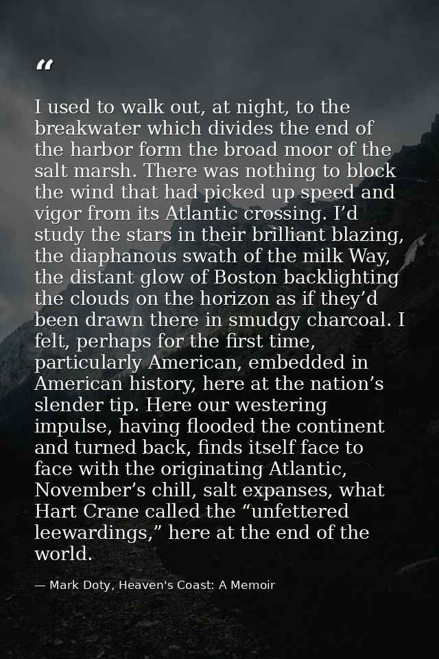 I used to walk out, at night, to the breakwater which divides the end of the harbor form the broad moor of the salt mars — Mark Doty, Heaven's Coast: A Memoir