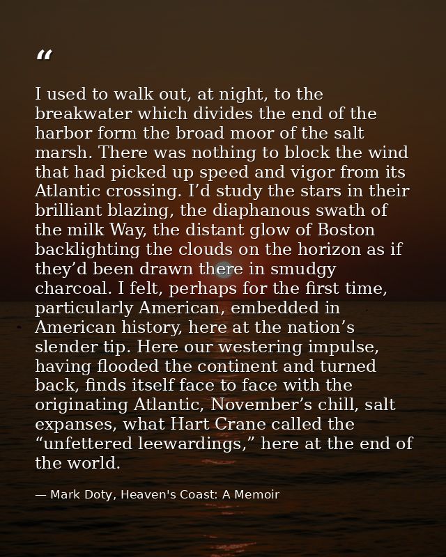 I used to walk out, at night, to the breakwater which divides the end of the harbor form the broad moor of the salt mars — Mark Doty, Heaven's Coast: A Memoir