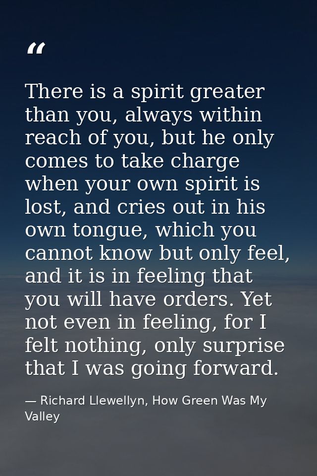 There is a spirit greater than you, always within reach of you, but he only comes to take charge when your own spirit is — Richard Llewellyn, How Green Was My Valley