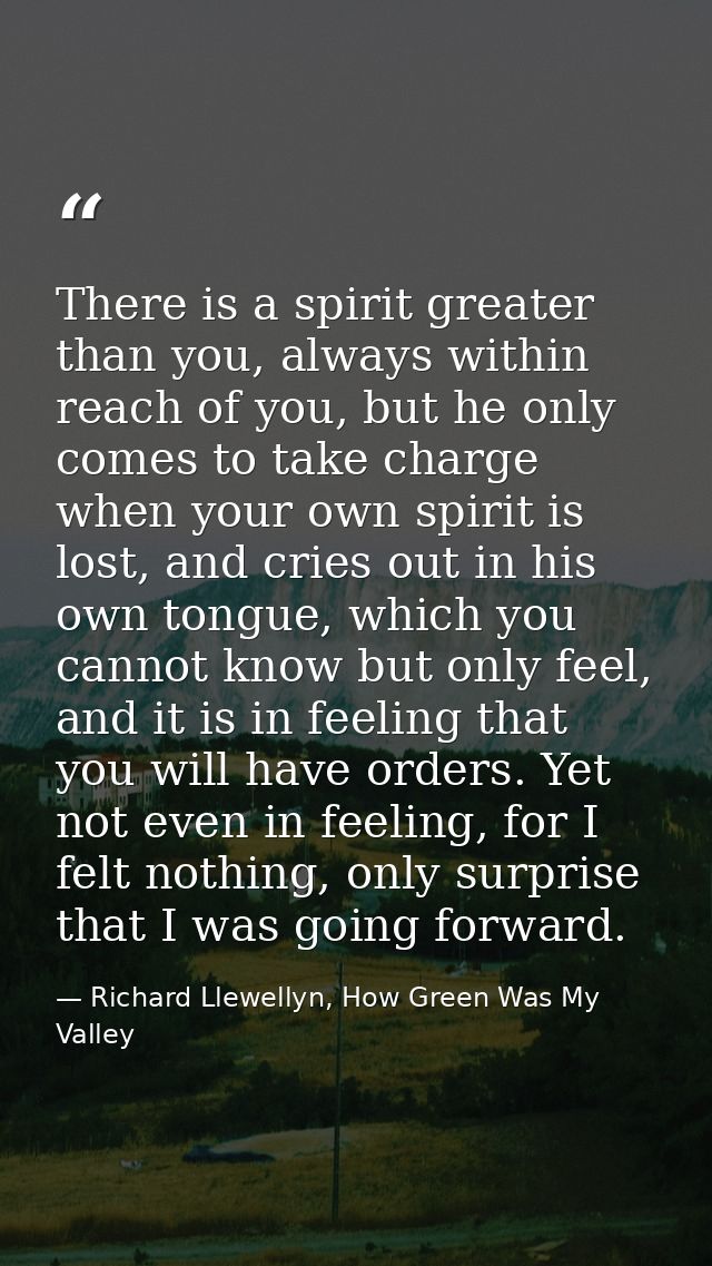 There is a spirit greater than you, always within reach of you, but he only comes to take charge when your own spirit is — Richard Llewellyn, How Green Was My Valley